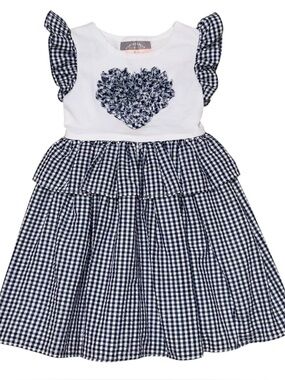 Pippa & Julie Navy Blue Gingham Print Heart Dress Girls Size 4
